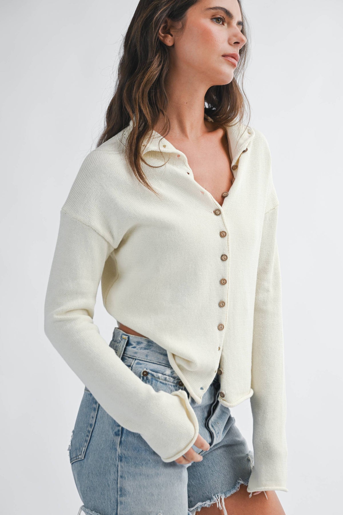 5221HK Button Front Cropped Knit Cardigan: Pink / Contemporary / L