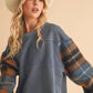 9103FK Malva Plaid Pullover Sweater: Slate Blue / Contemporary / S