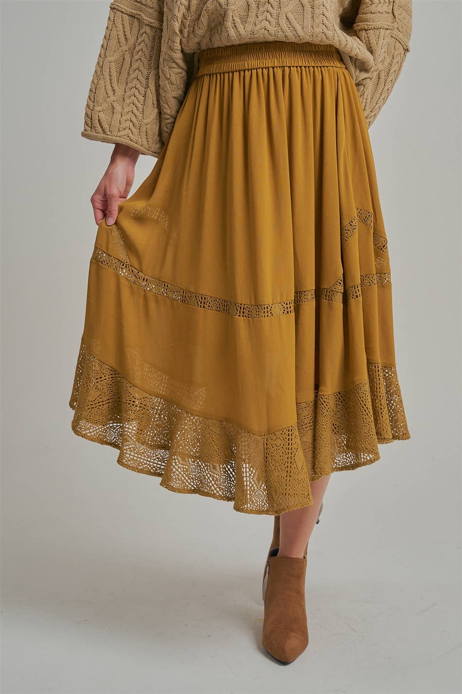 CRINKLED WOVEN BOHO MIDI SKIRT _JLB80101-01: OLIVE / S-M-L(2-2-2)