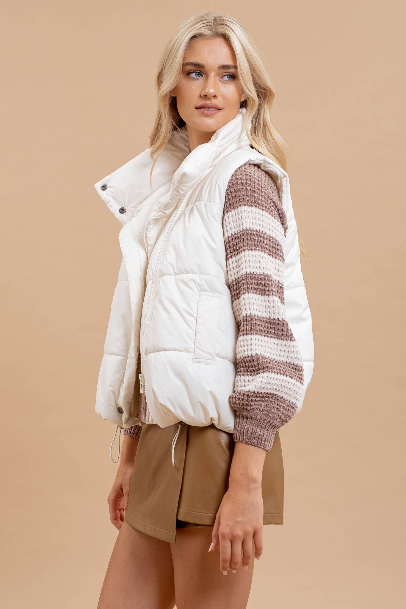 Cream Asymmetrical Zip Up Vest