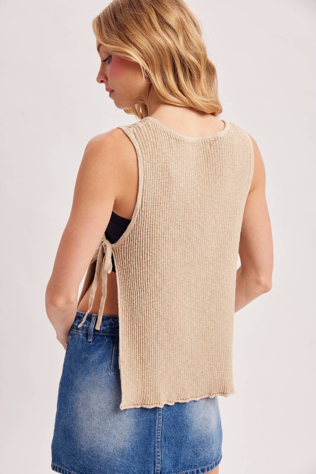 Beige Ribbed Tie Tank