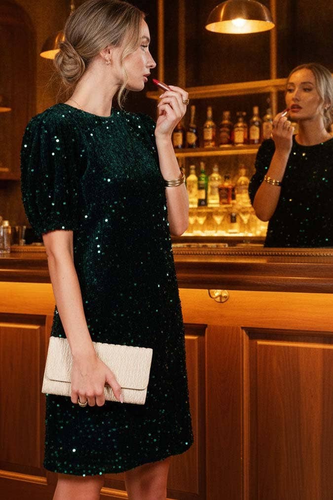Velvet Sequin Accent Knee Dress VD82073: Grey / L