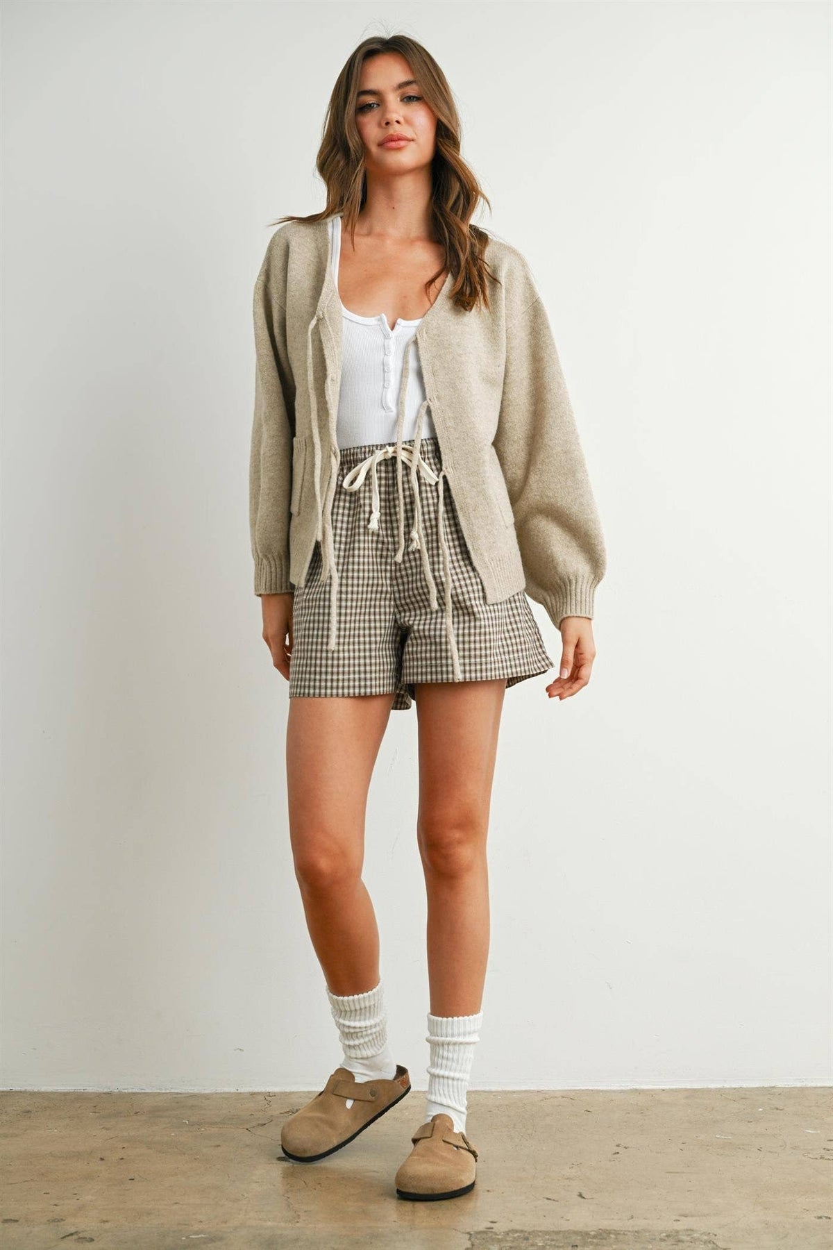 Knot Front Long Sleeve V-Neck Cardigan - BMC7914: TAUPE / M