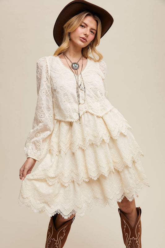 Ecru Tiered Scallop Mini Dress