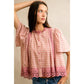 COTTON CHECK LACE TRIM FLUTTER SLEEVES BLOUSE TOP: BROWN / L