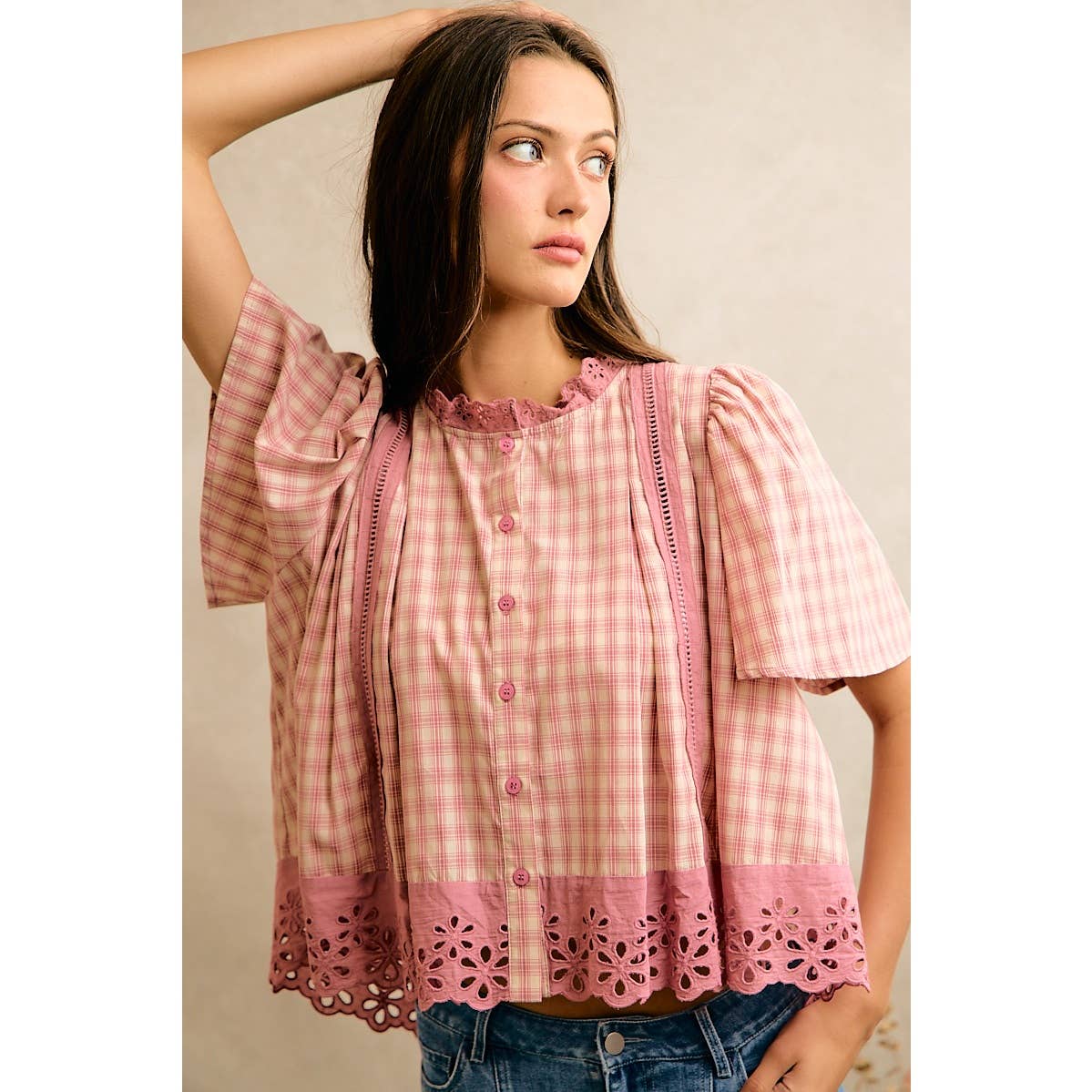 COTTON CHECK LACE TRIM FLUTTER SLEEVES BLOUSE TOP: BROWN / L