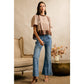 COTTON CHECK LACE TRIM FLUTTER SLEEVES BLOUSE TOP: BROWN / L