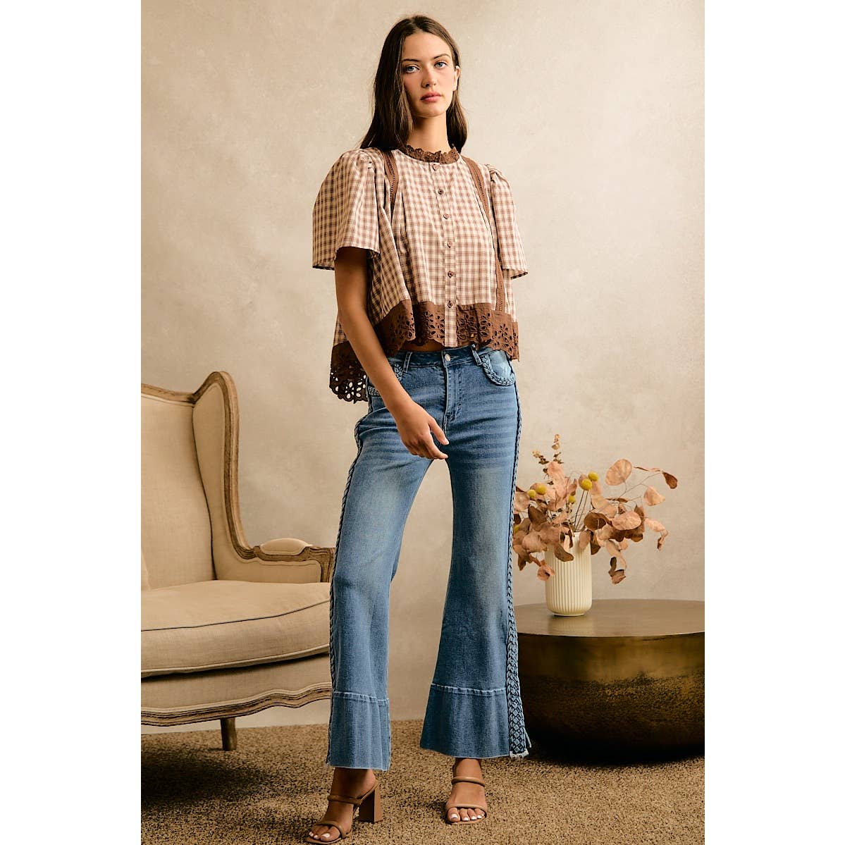 COTTON CHECK LACE TRIM FLUTTER SLEEVES BLOUSE TOP: BROWN / L