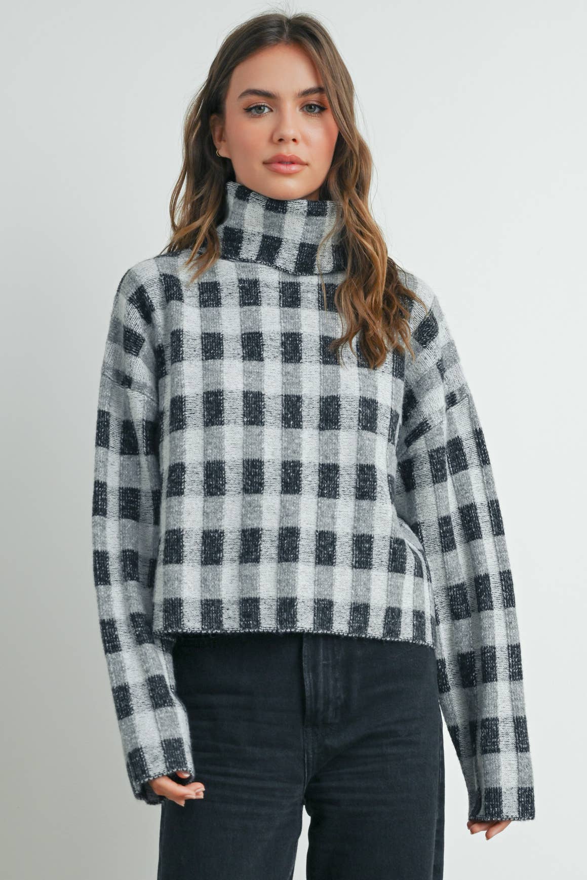 Fall Check Turtleneck Sweater - BMW7532: TAUPE MULTI / S