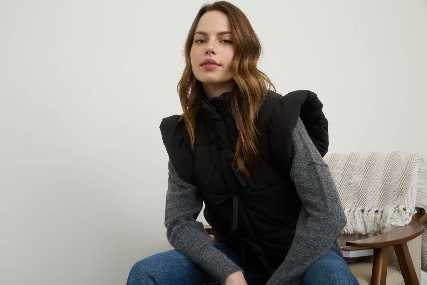 Black Flutter Bow Puffer Vest