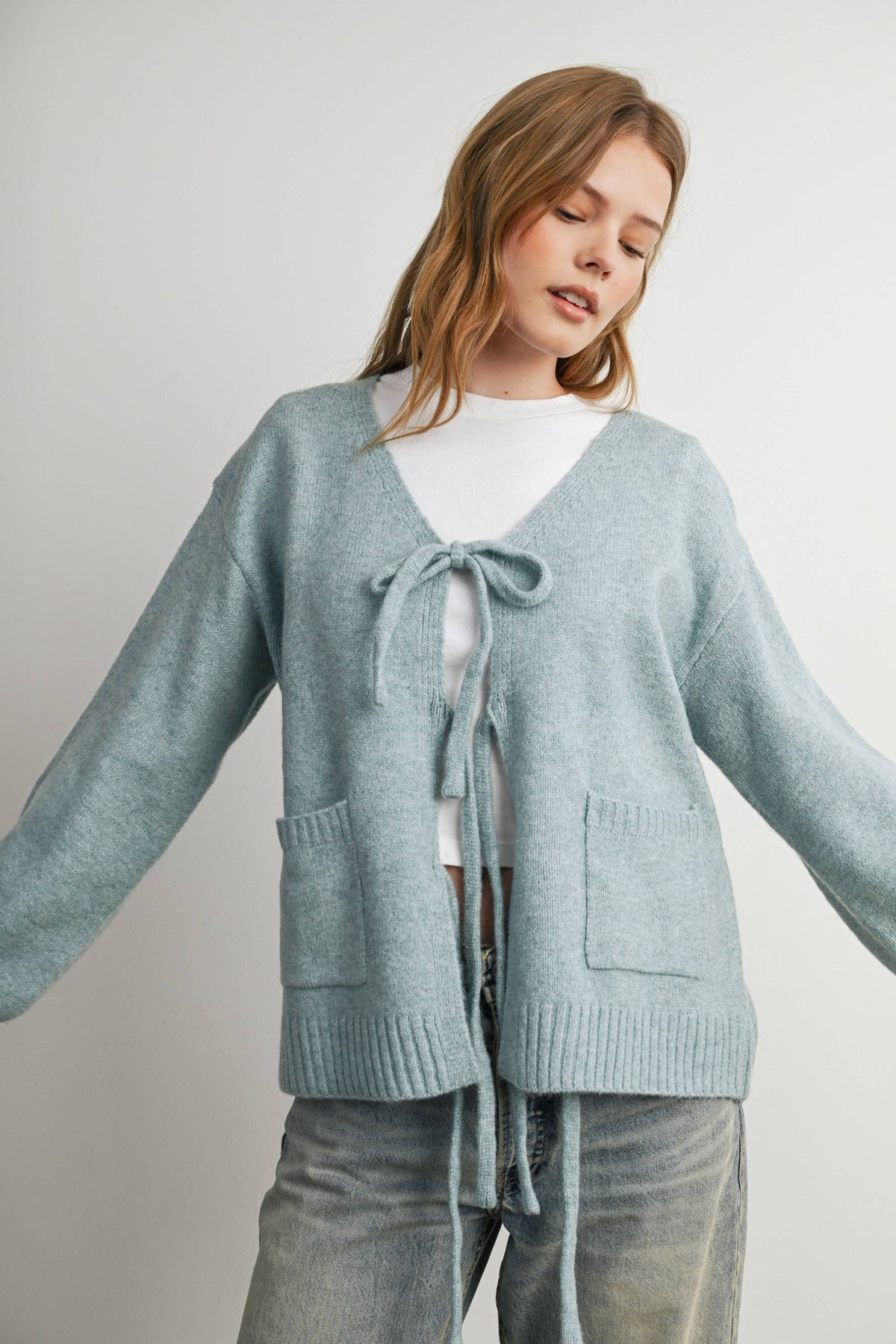 Knot Front Long Sleeve V-Neck Cardigan - BMC7914: TAUPE / M