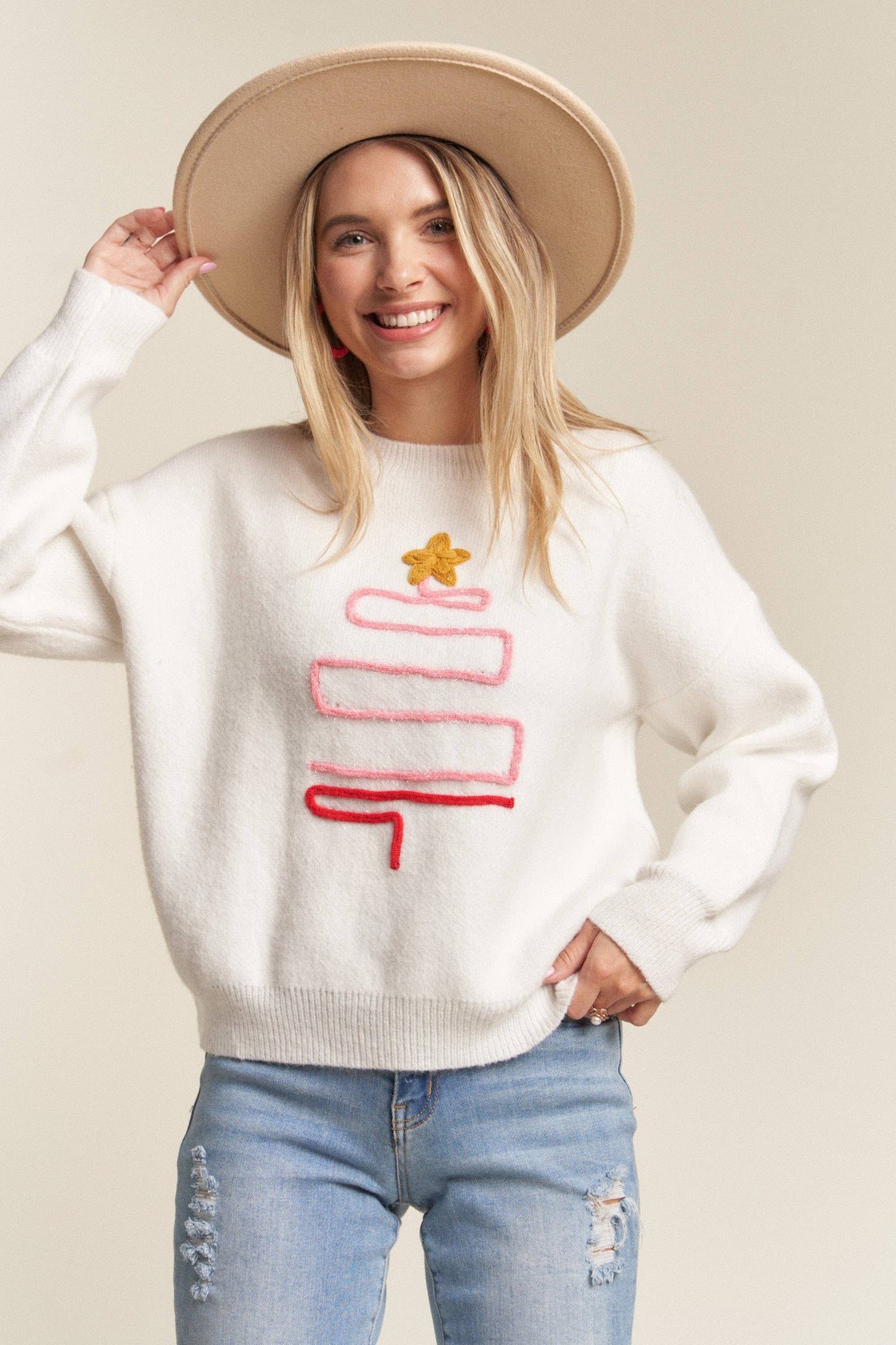 LESW3436- X-MAS TREE ACCENT SWEATER: IVORY / S-M-L(2-2-2)