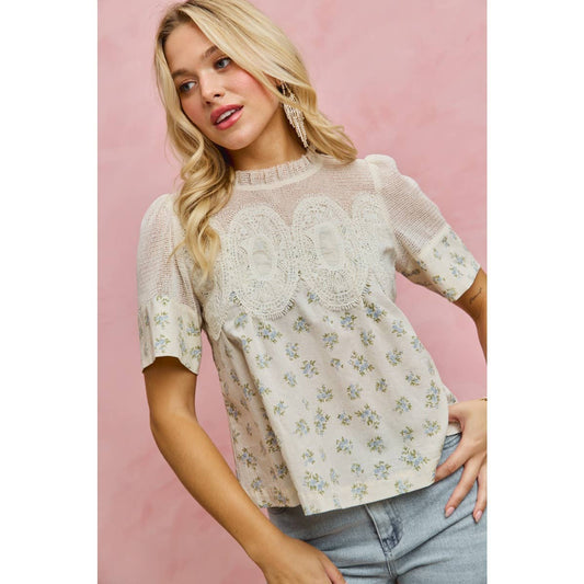FLORAL PRINT LACE TRIM COTTON BLOUSE TOP: BLUE / S