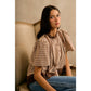COTTON CHECK LACE TRIM FLUTTER SLEEVES BLOUSE TOP: BROWN / L