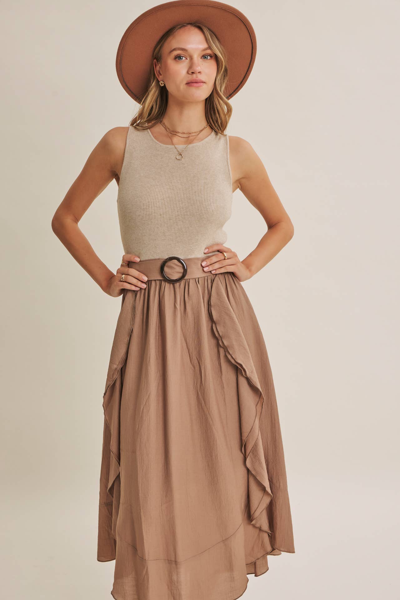 RUSTIC WEEKEND TWOFER MAXI DRESS WITH CASCADING RUFFLES: COCONUT BROWN / S