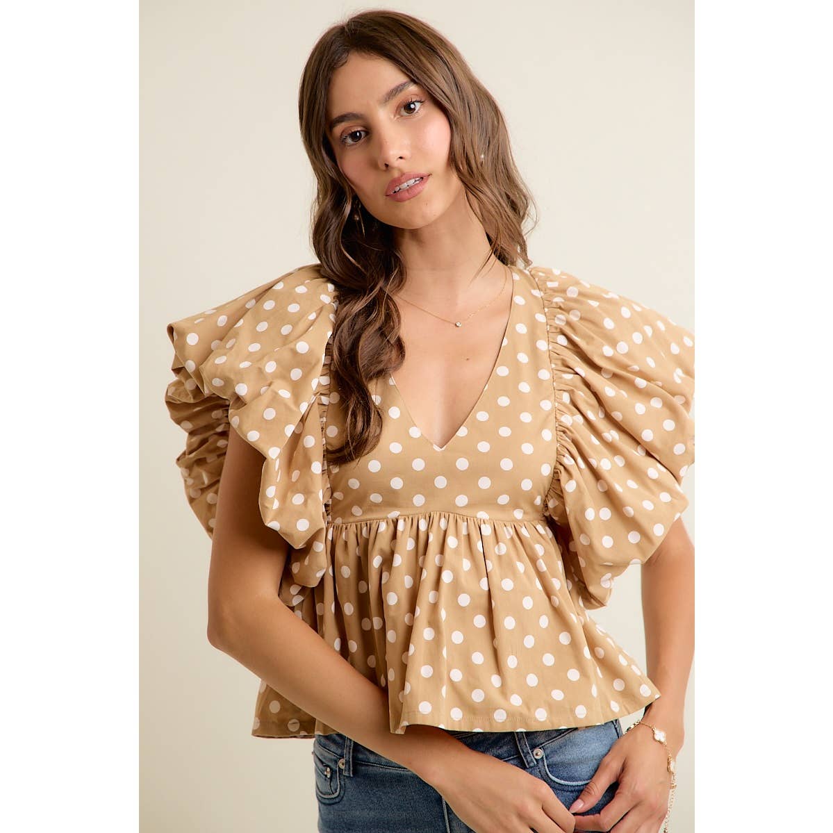 POLKA DOT BUBBLE SLEEVES BACK SMOCKED LINED BLOUSE TOP: BEIGE/WHITE / L