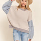 LESW3192 - FRAYED DENIM SLEEVE SWEATER TOP: BLUSH / S-M-L(2-2-2)