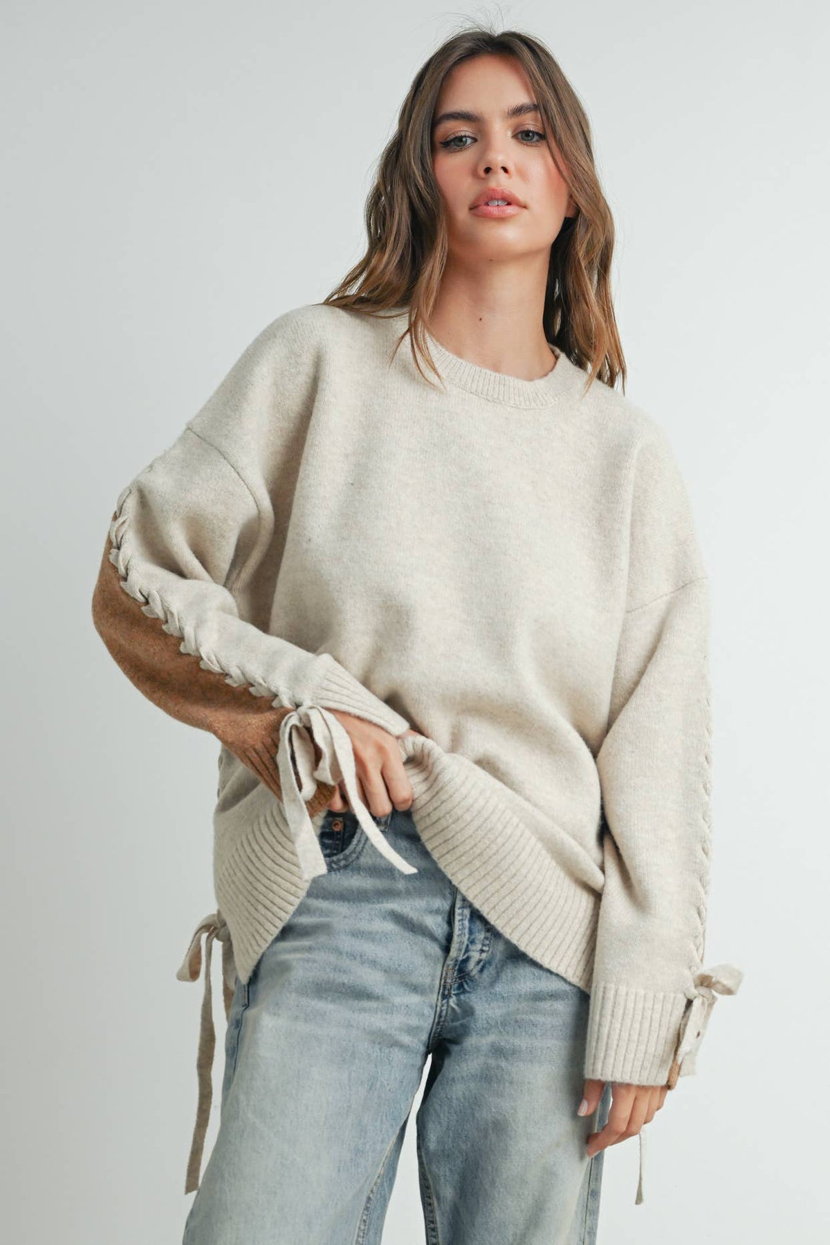 Crew Neck Long Sleeve Pullover Sweater - BMW7587: TAUPE MULTI / L