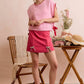 CHRISTMAS RHINESTONE RIBBON TRIM HOLIDAY VELVET MINI SKIRT: PINK / S