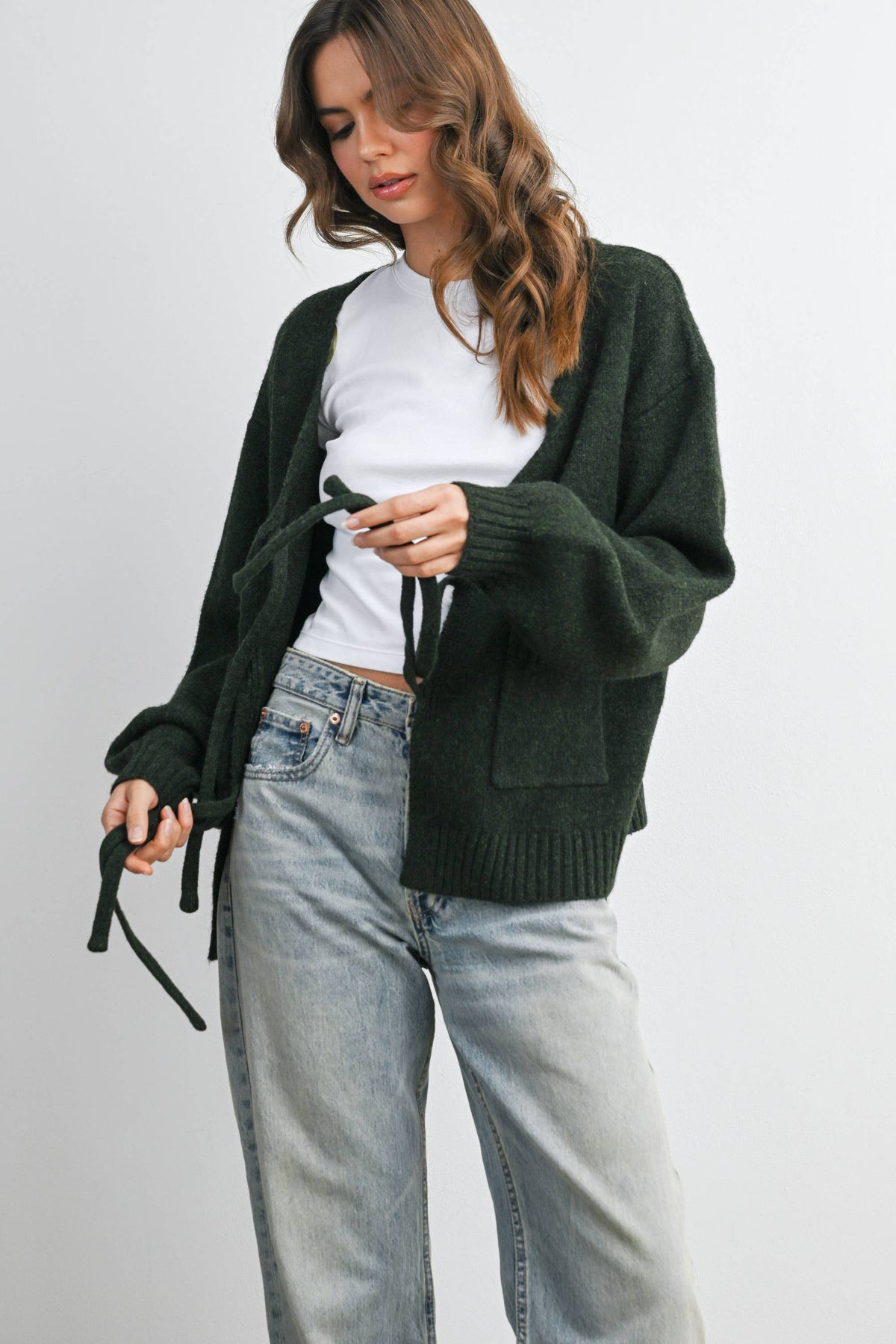 Knot Front Long Sleeve V-Neck Cardigan - BMC7914: TAUPE / M