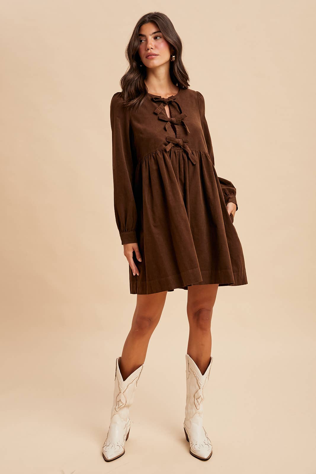 BOW TIE CORDUROY MINI DRESS: OLIVE / S