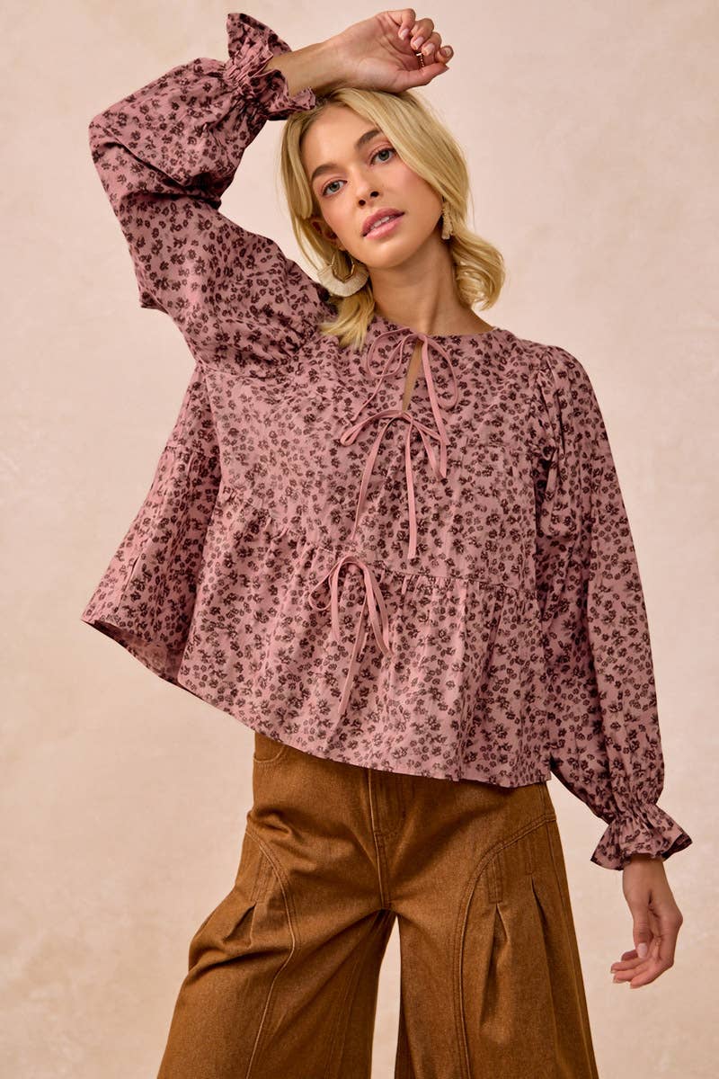 FLORAL PRINTED PEPLUM TOP WITH SHIRRING AND TIED: OATMEAL / S