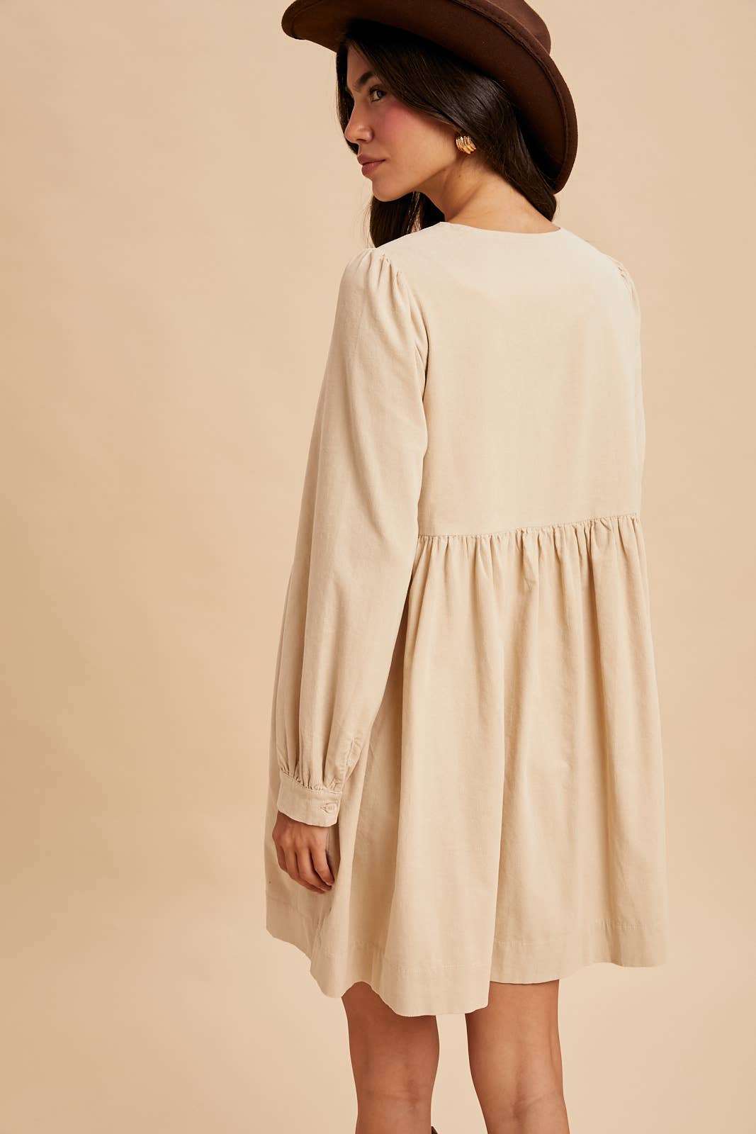BOW TIE CORDUROY MINI DRESS: OLIVE / S
