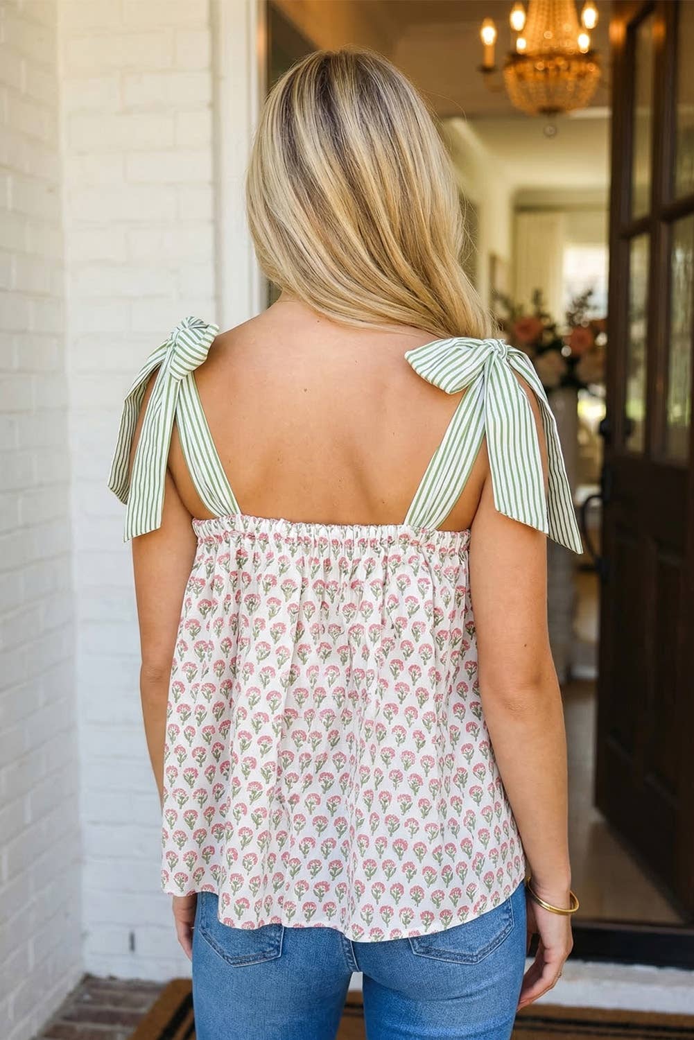 LAS Floral Printed Knot Straps Babydoll Tank Top (S-XL): Green / Missy / XL