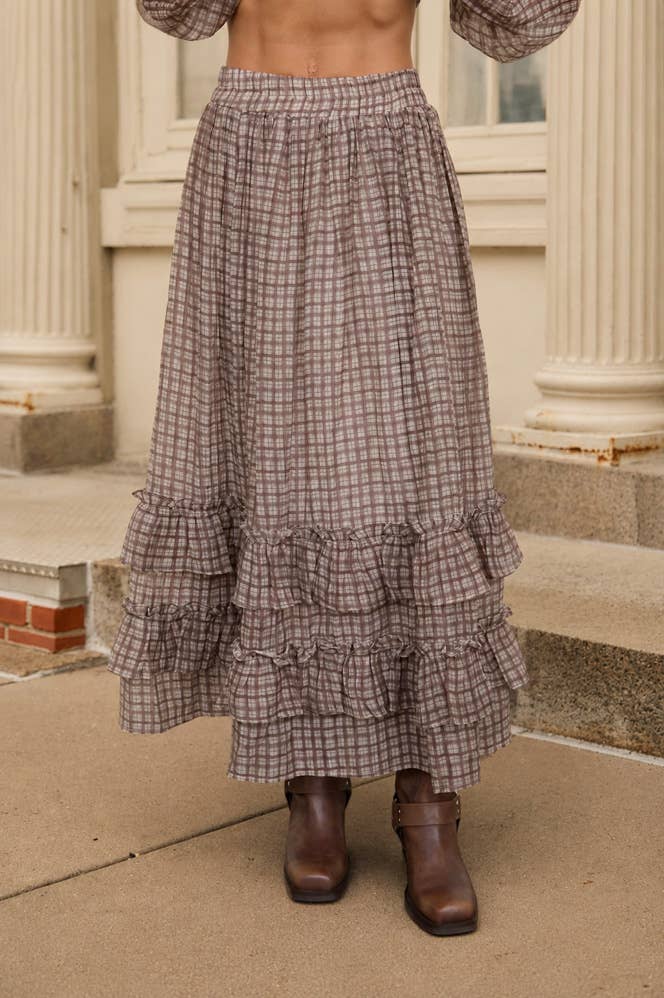 PLAID RUFFLED TIERED HEM MIDI SKIRT: BROWN