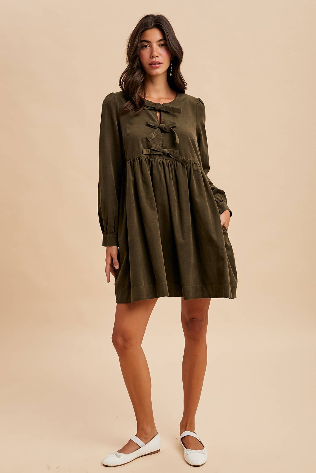 BOW TIE CORDUROY MINI DRESS: OLIVE / S