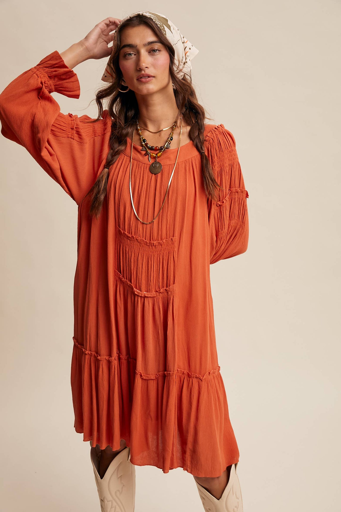 Rust Smocked Tiered Dress