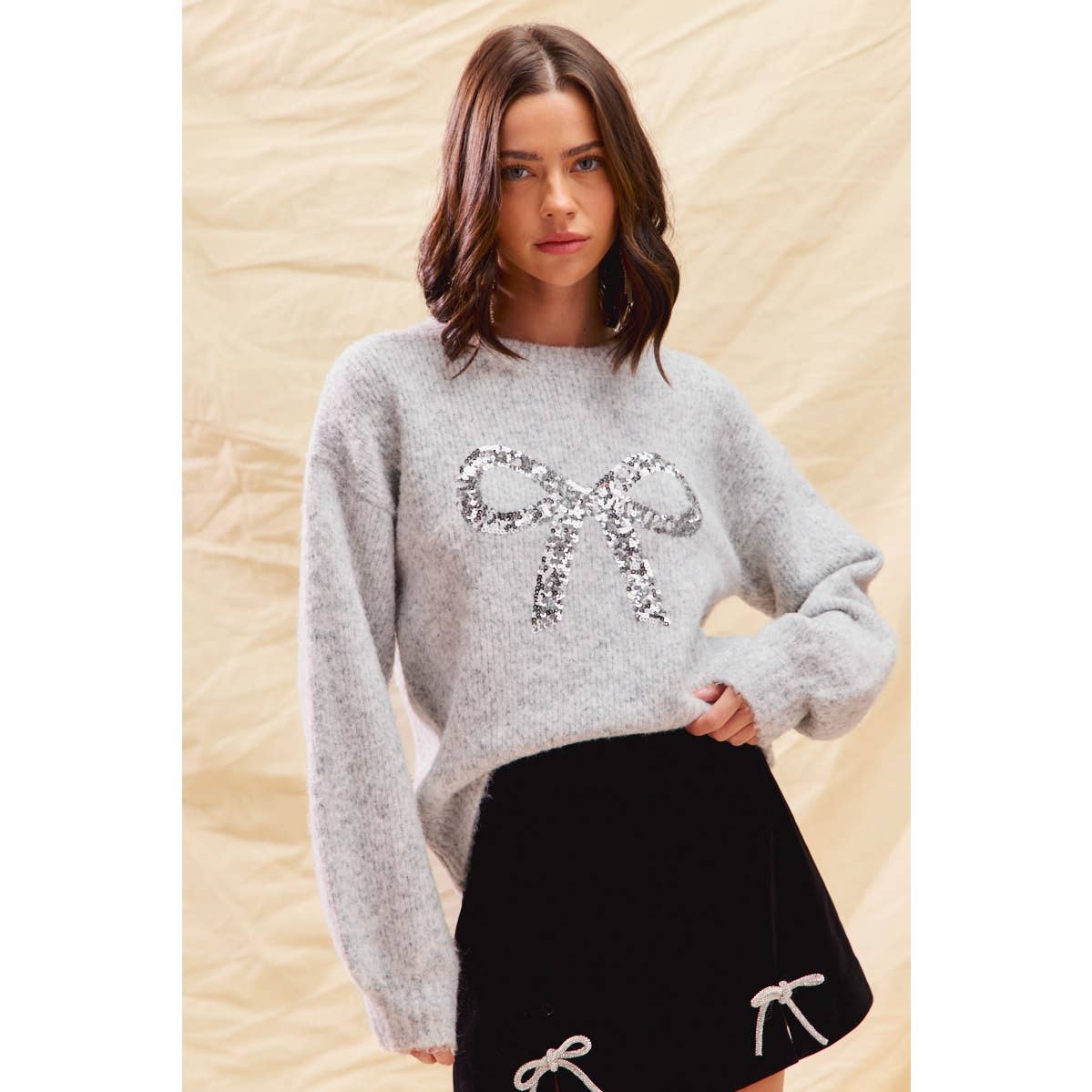 RIBBON SEQUINS CHRISTMAS HOLIDAY SWEATER TOP: LT GREY/SILVER / S