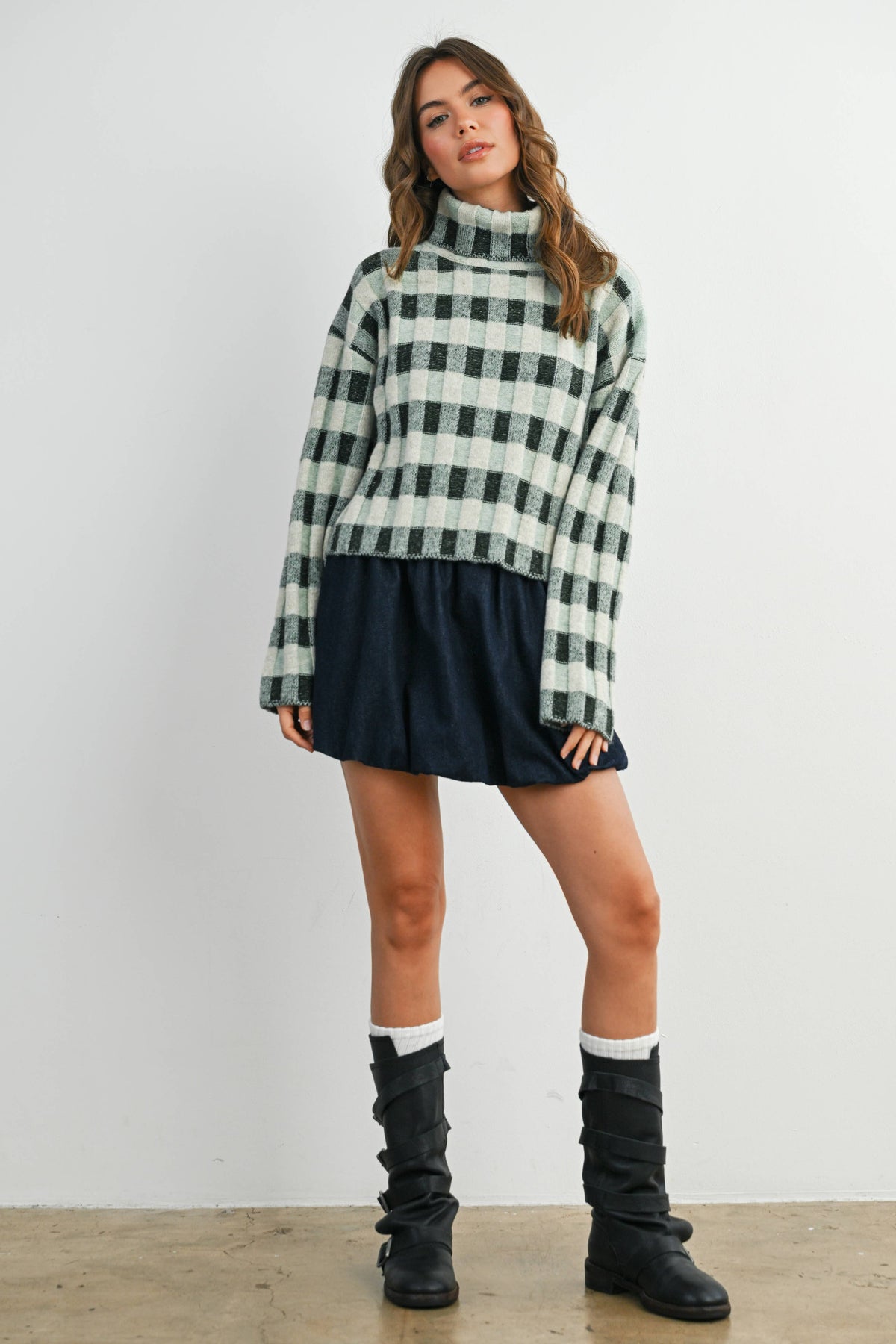 Fall Check Turtleneck Sweater - BMW7532: TAUPE MULTI / S