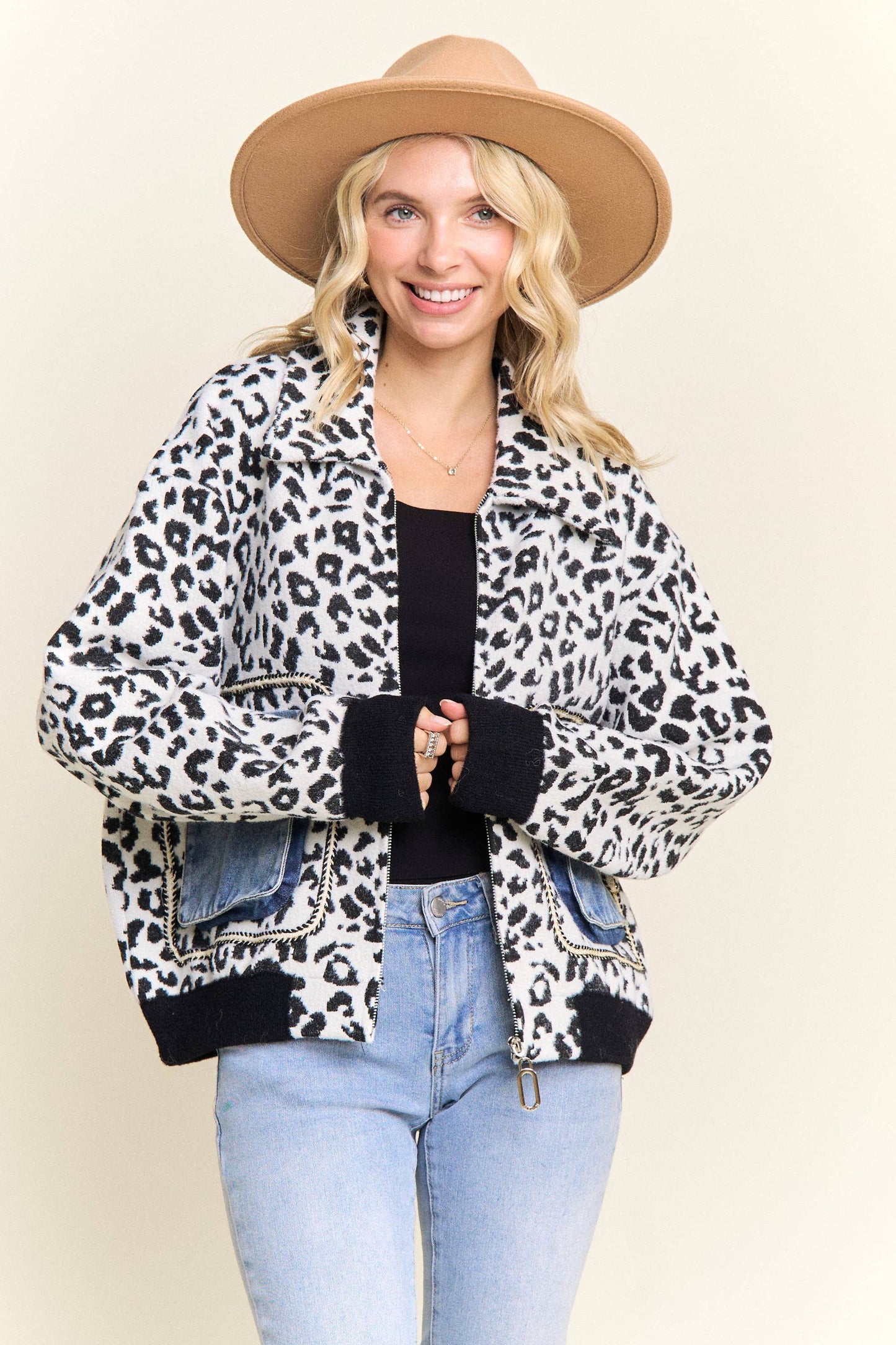 LESW4150-LEOPARD PRINT JACKET WITH DENIM POCKETS: Brown / ONESIZE(6)