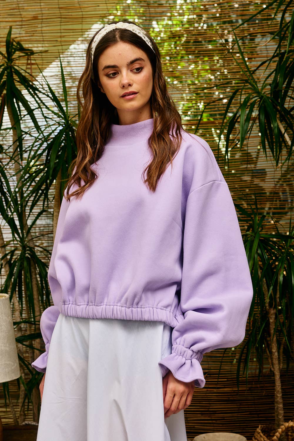 IT2995 Ruffled cuff Detail Mock-neck Crop Terry Sweatshirt: LAVENDER / S-M-L (2-2-2)