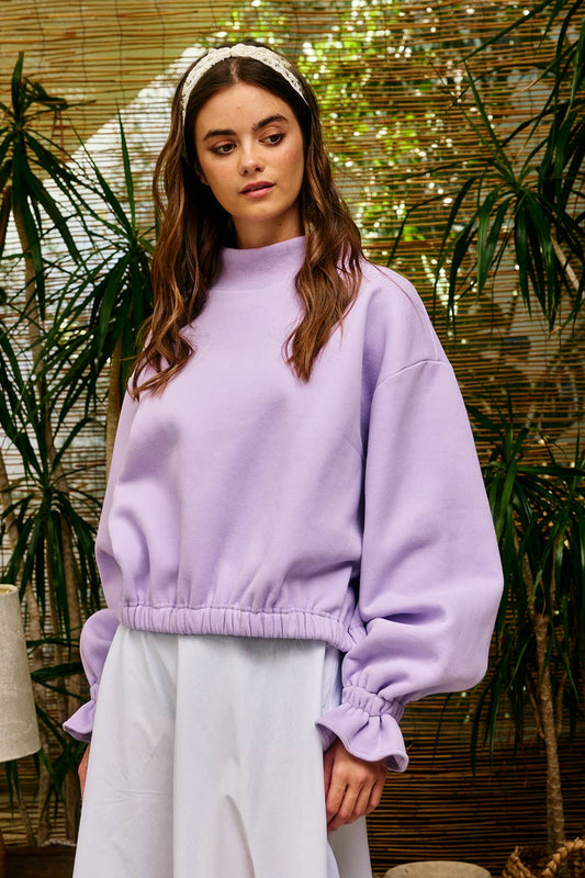 IT2995 Ruffled cuff Detail Mock-neck Crop Terry Sweatshirt: LAVENDER / S-M-L (2-2-2)