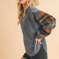 9103FK Malva Plaid Pullover Sweater: Slate Blue / Contemporary / L