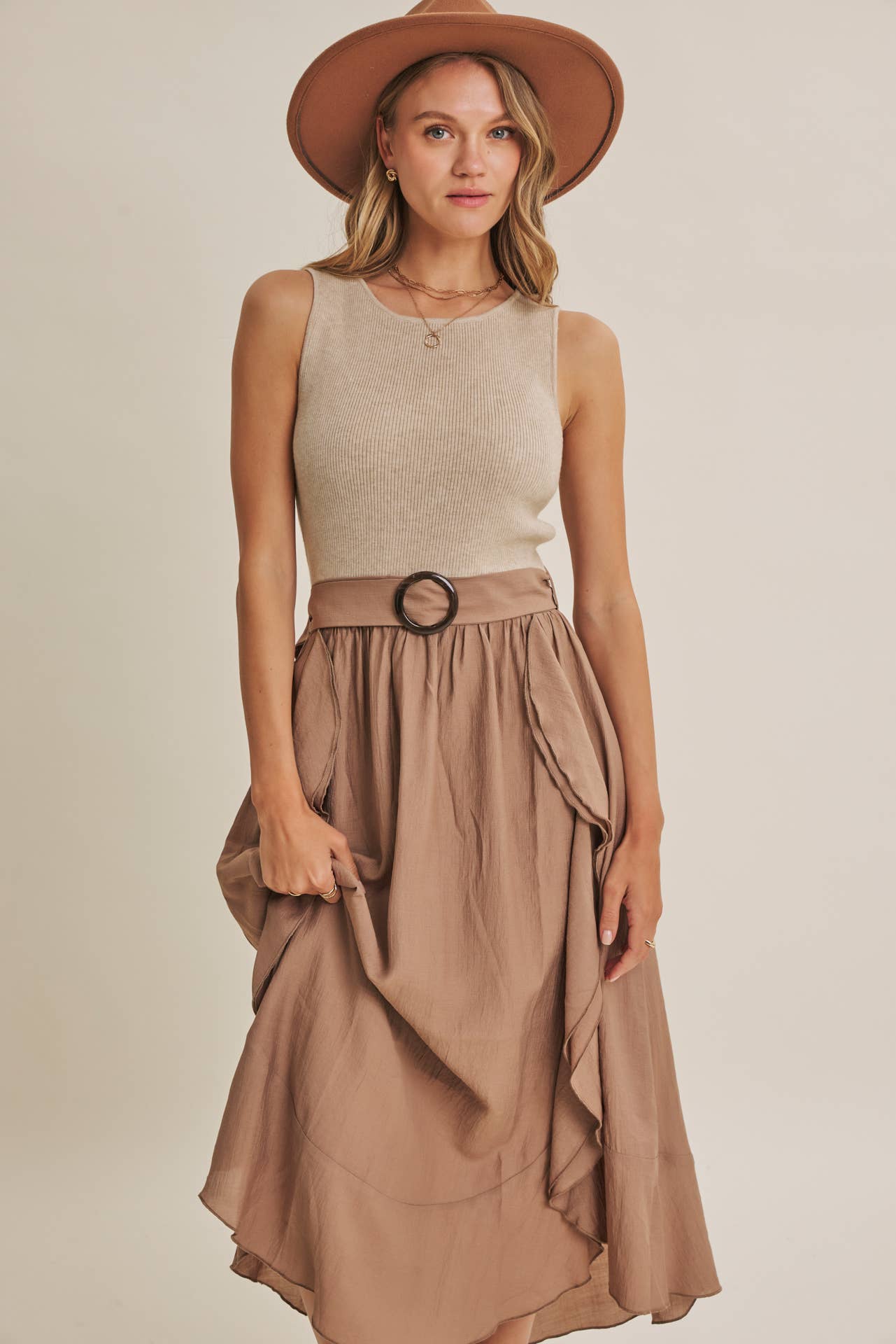 RUSTIC WEEKEND TWOFER MAXI DRESS WITH CASCADING RUFFLES: COCONUT BROWN / S