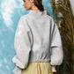 IT2995 Ruffled cuff Detail Mock-neck Crop Terry Sweatshirt: LAVENDER / S-M-L (2-2-2)