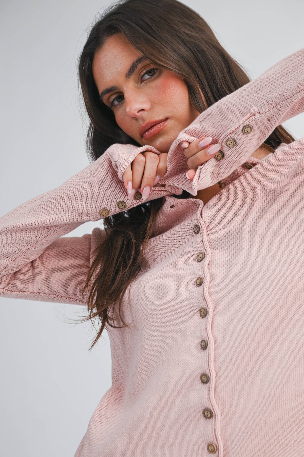 5221HK Button Front Cropped Knit Cardigan: Pink / Contemporary / M