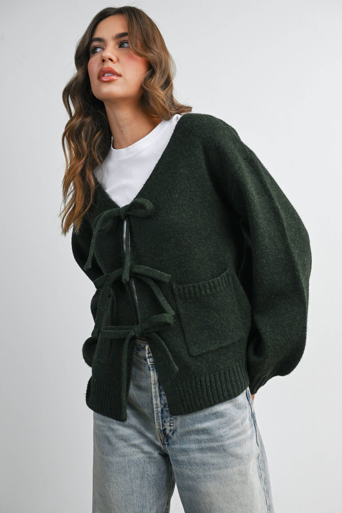 Knot Front Long Sleeve V-Neck Cardigan - BMC7914: TAUPE / M