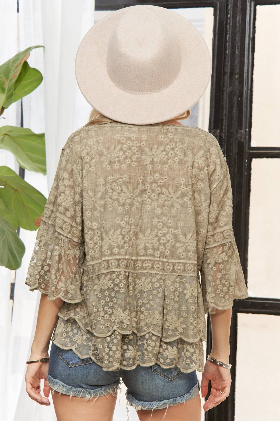 LET3907- BELL SLEEVE LACE TOP: KHAKI / S/M-M/L(3-3)