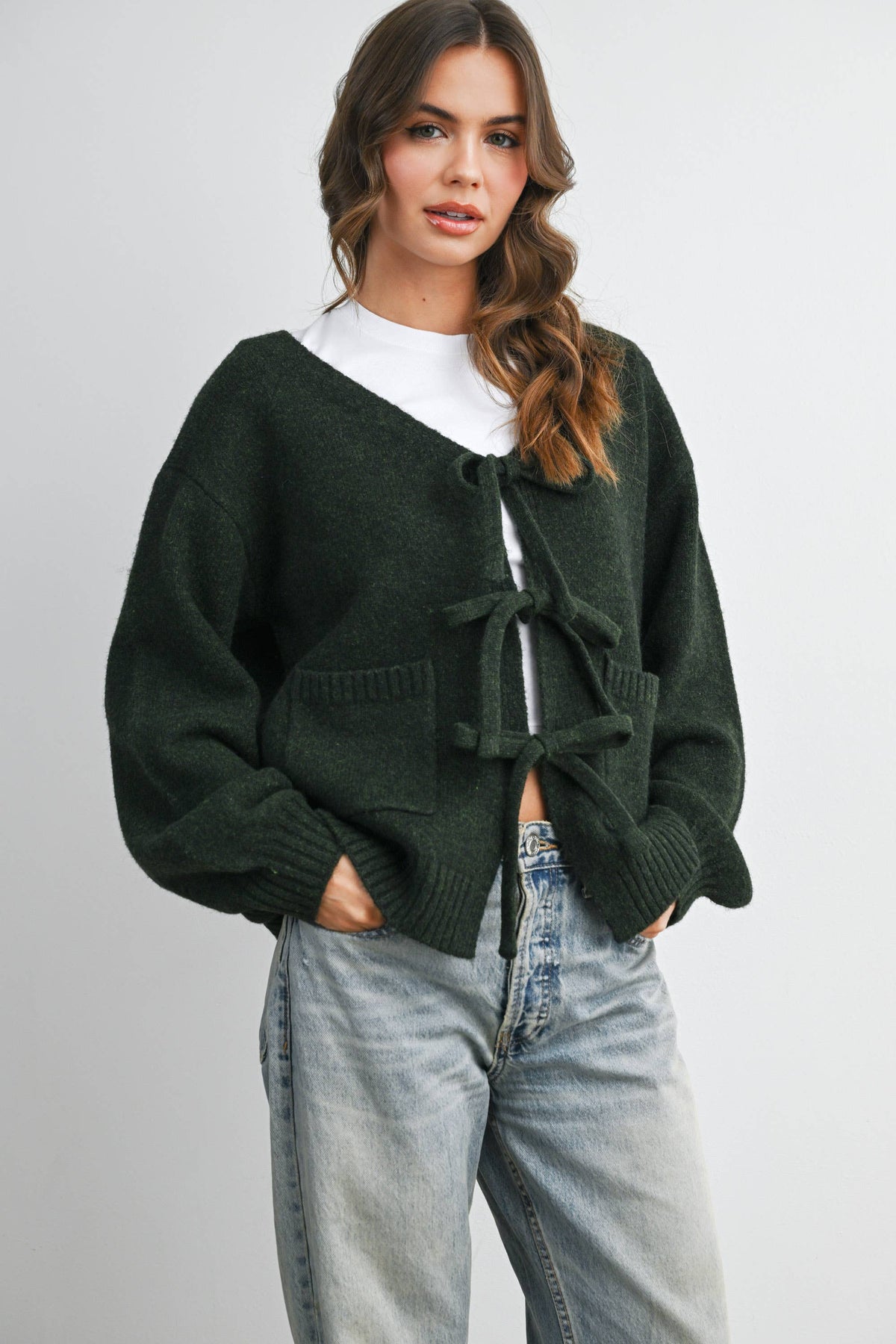 Knot Front Long Sleeve V-Neck Cardigan - BMC7914: TAUPE / S