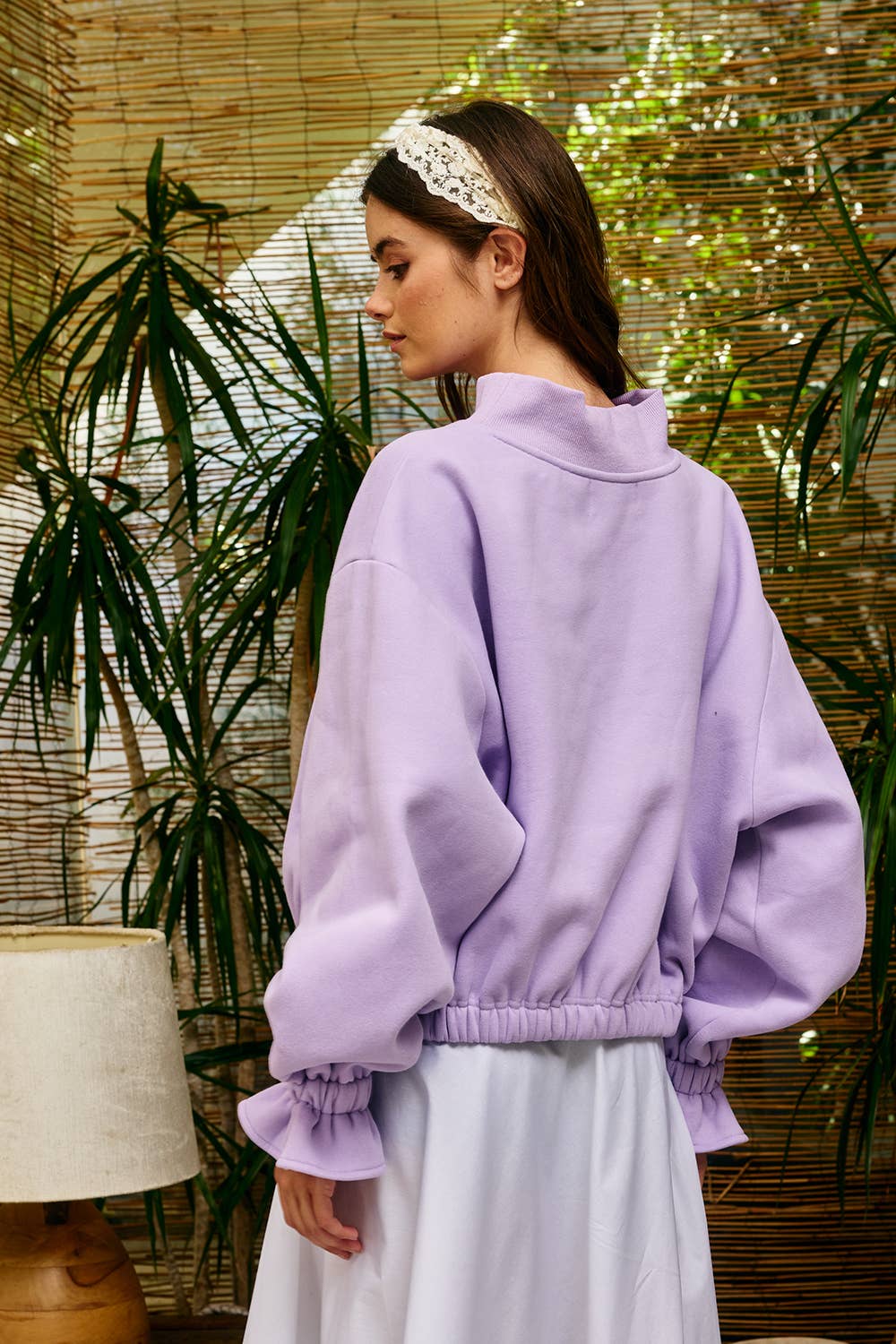 IT2995 Ruffled cuff Detail Mock-neck Crop Terry Sweatshirt: LAVENDER / S-M-L (2-2-2)