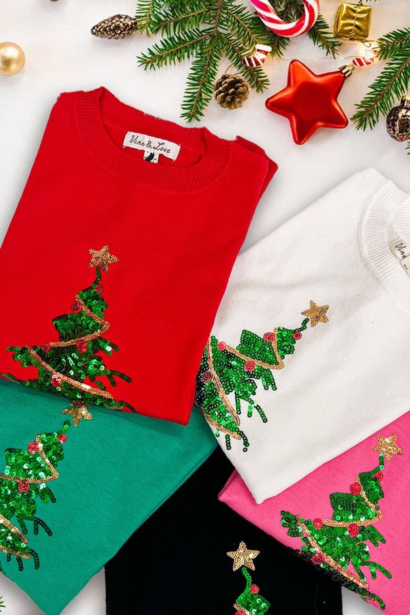 Christmas Tree Sequin Accent Knitted Sweater VT81484G: PINK / M