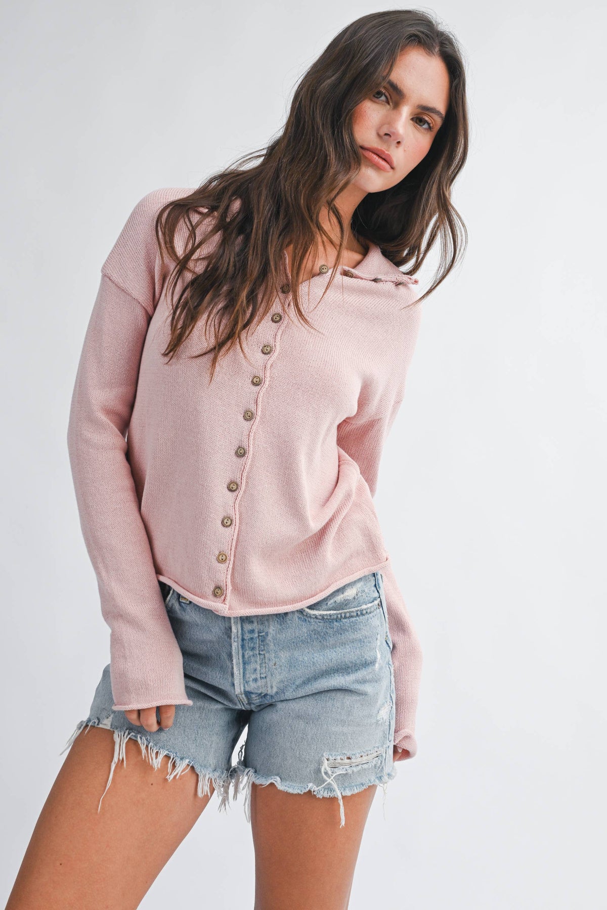 5221HK Button Front Cropped Knit Cardigan: Pink / Contemporary / L