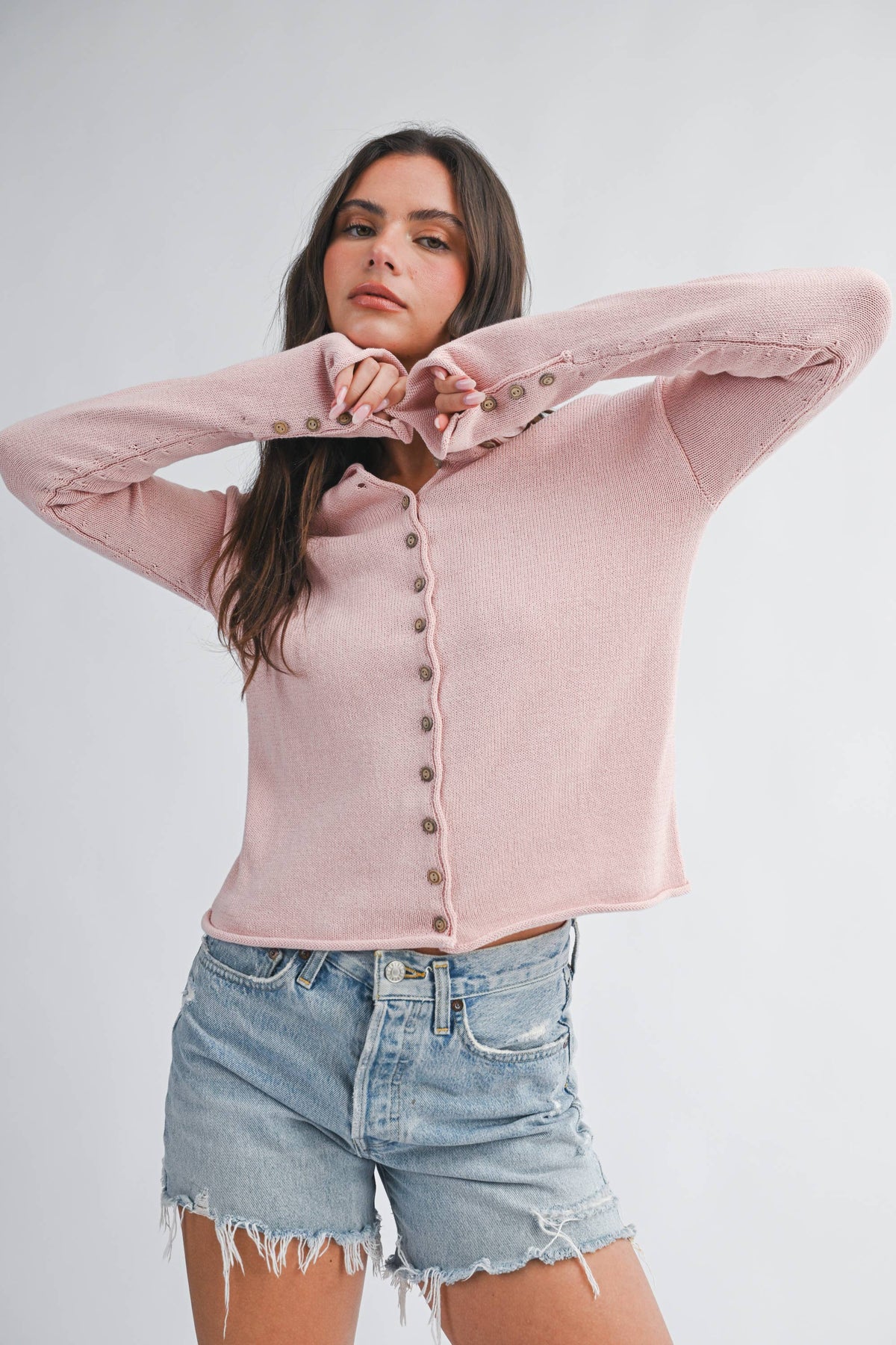 5221HK Button Front Cropped Knit Cardigan: Pink / Contemporary / L
