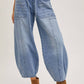DENIM MID-WAIST DRAWSTRINGS BARREL JEANS: LT.WASH / S