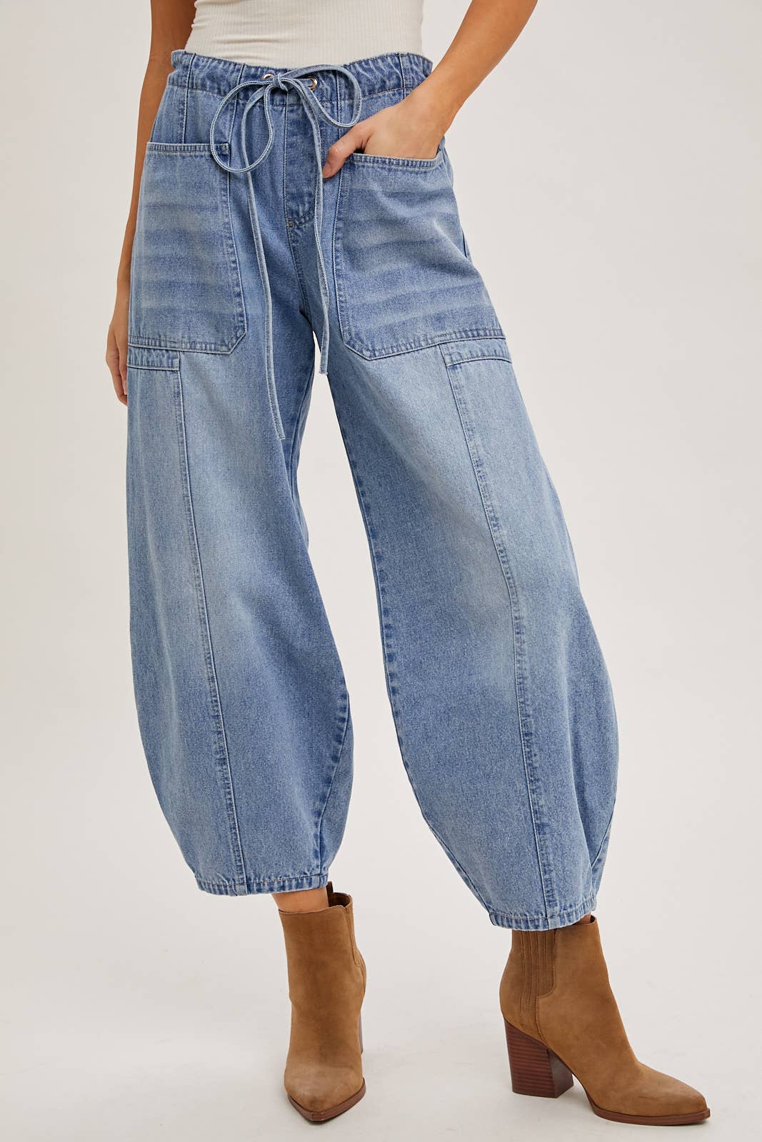 DENIM MID-WAIST DRAWSTRINGS BARREL JEANS: LT.WASH / S