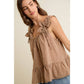 GINGHAM FLORAL APPLIQUE TIERD SLEEVELESS BLOUSE TOP: BROWN / M